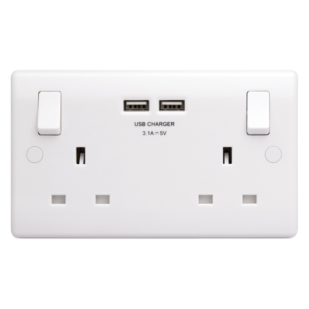 Image for BG Electrical 822U3 Double USB Switched Plug Socket 2 Gang 13A