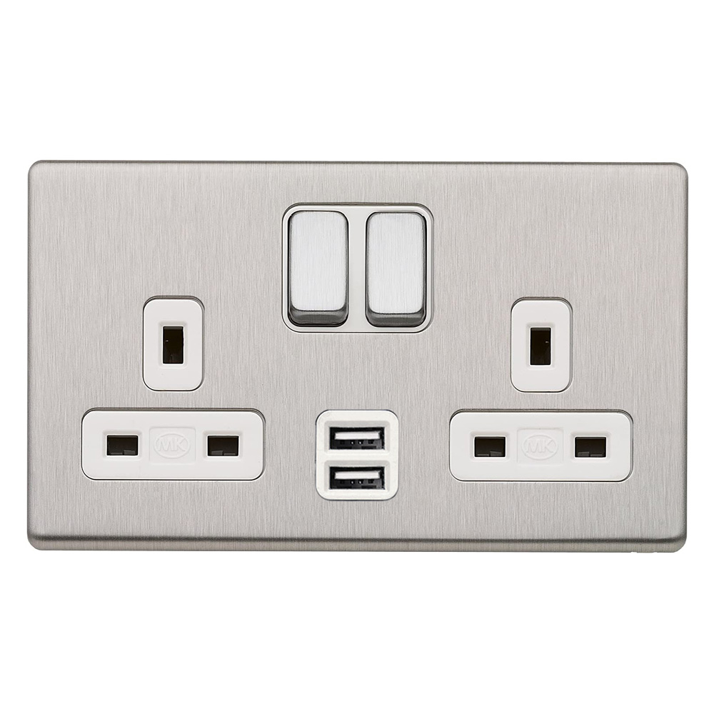 Image for MK Aspect K24344BSSW 13A 2 Gang USB Switch Socket Brushed Steel White