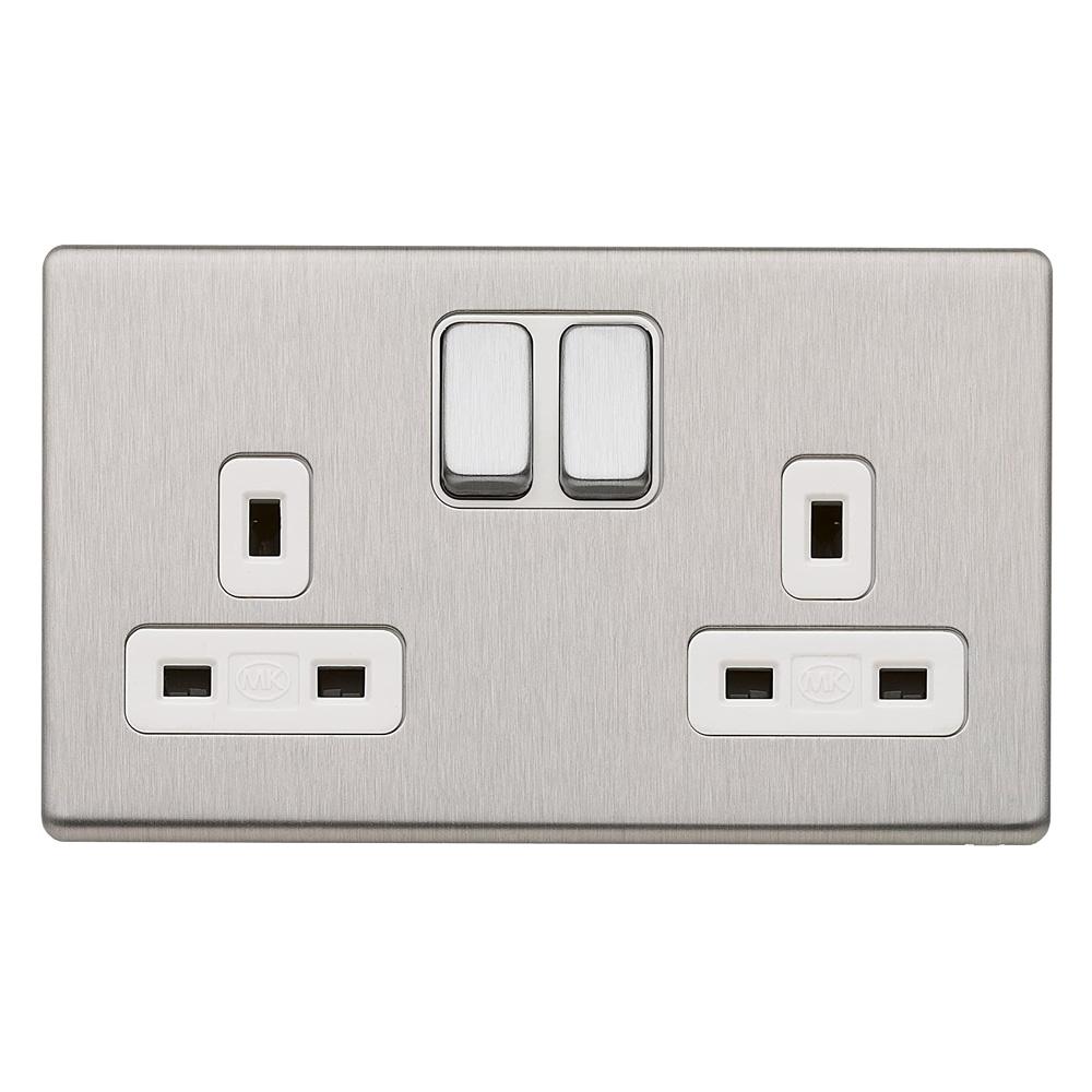 Image for MK Aspect K24347BSSW 13A 2 Gang Dual Earth Switch Socket Brushed Steel White