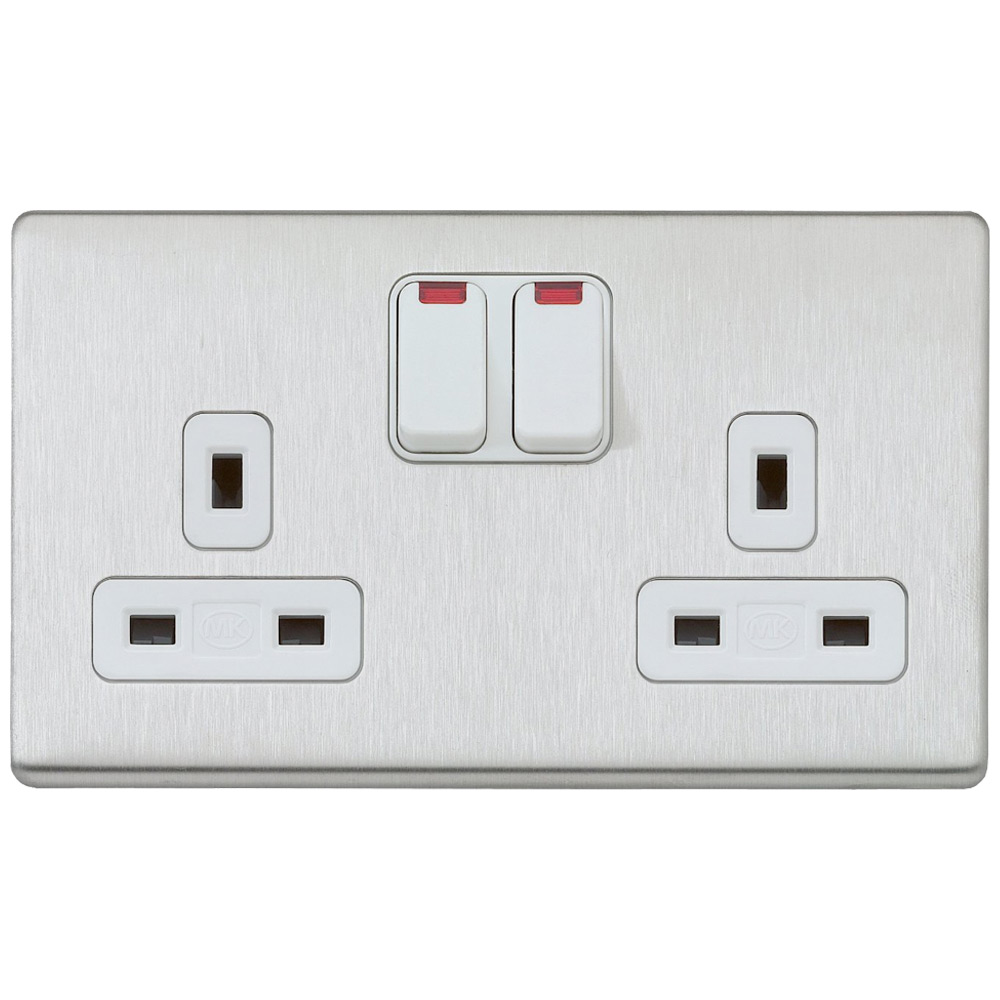Image for MK Aspect K24647BSSW 13A Dual Earth Double Socket Neon Brushed Steel White