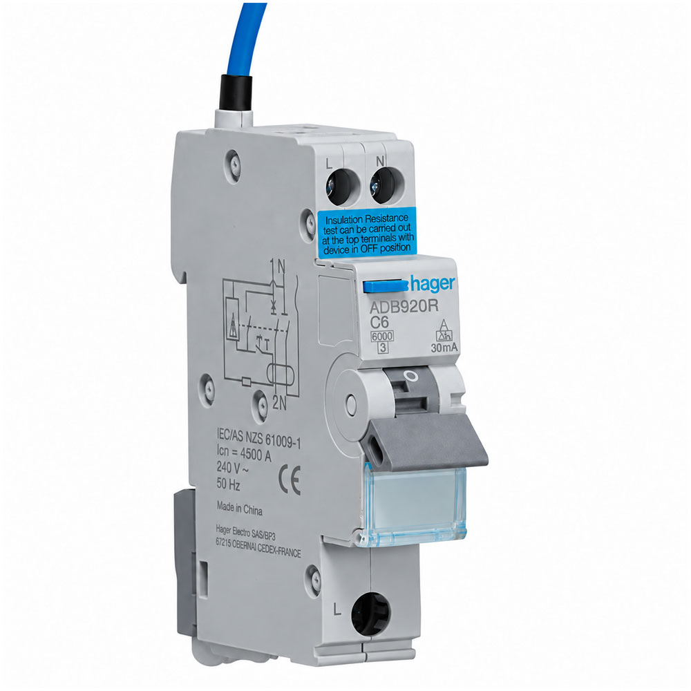 Image for Hager RCBO 20A Type A Single Pole 6kA Bi-Directional ADB920R