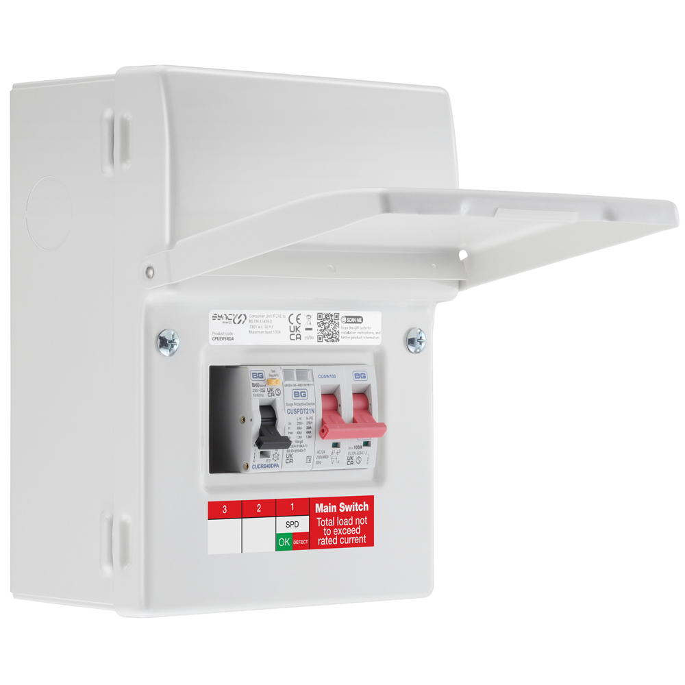 Image for Sync Energy 2 Way SPD EV Consumer Unit Main Switch 40A RCBO Populated IP65