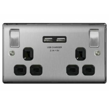 Image of BG Nexus Brushed Steel NBS22U3B 13A Double Socket with USBs, Black Inserts