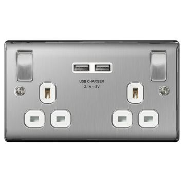 Image of BG Nexus Brushed Steel NBS22U3W 13A Double Socket with USBs White inserts