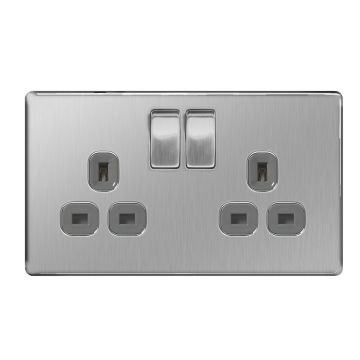 BG Screwless Brushed Steel FBS22G 13A Double Socket Switched