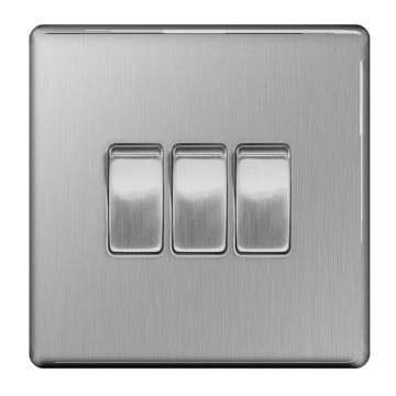 BG Screwless Brushed Steel FBS43 10A 3 Gang 2 Way Switch