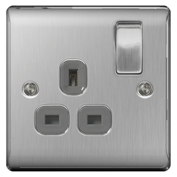 Image of BG Nexus Brushed Steel NBS21G 13A Single Socket Switched, Grey Inserts