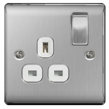 Image of BG Nexus Brushed Steel NBS21W 13A Single Socket Switched, White Inserts