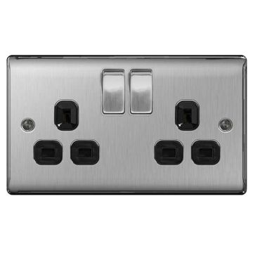 BG Nexus Brushed Steel NBS22B 13A Double Socket Switched Black Inserts