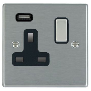 Image of Hamilton Hartland USB Socket Single Satin Steel with black insert front view