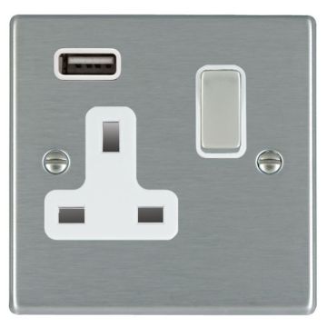 Image of Hamilton Hartland USB Socket Single Satin Steel White front view