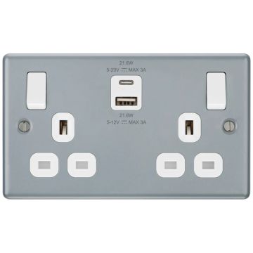 Image of MK Metalclad 2 Gang Switched Socket USB A and C