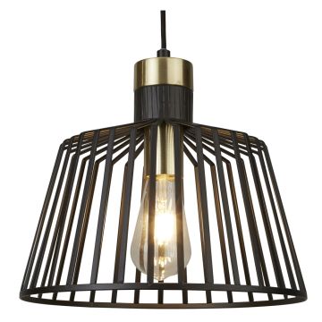 Image of Searchlight Bird Cage 30cm Pendant Light Black & Brass with light on