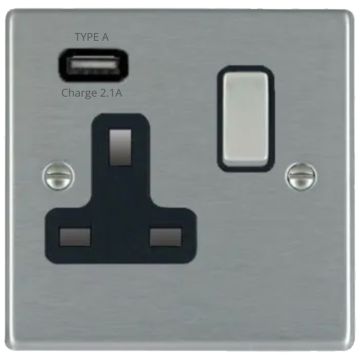 Image of Hamilton Hartland USB Socket Single Satin Steel with black insert front view