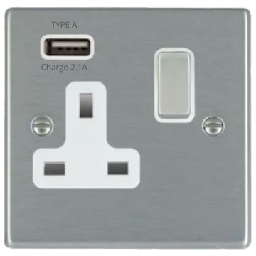 Image of Hamilton Hartland USB Socket Single Satin Steel White front view