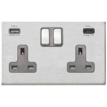 Image of Hamilton Hartland G2 2 Gang Socket & USBC Satin Steel front view