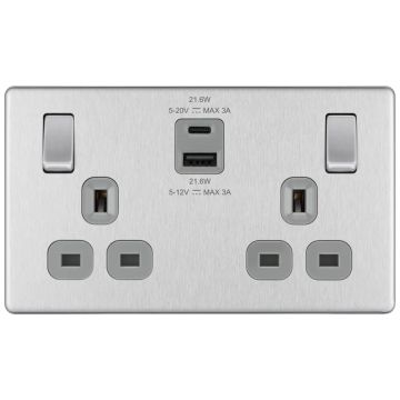 Image of BG Screwless Brushed Steel Double Socket Switched USB A C
