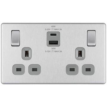 Image of BG Screwless Brushed Steel Double Socket Switched USB A C 45W
