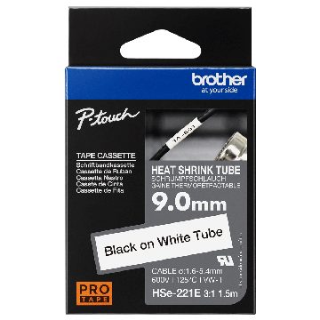 Image of Brother Heat Shrink Tube Tape Black on White 9mm HSE-221E