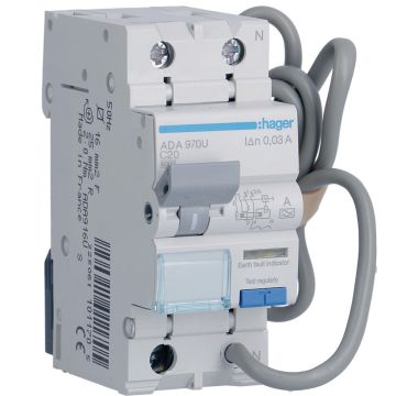 Image of Hager RCBO 20A C Curve Type A Single Pole 2 Module 6kA ADA970U