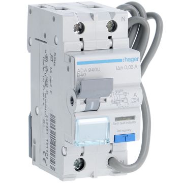 Image of Hager RCBO 40A B Curve Type A Single Pole 2 Module 6kA ADA940U