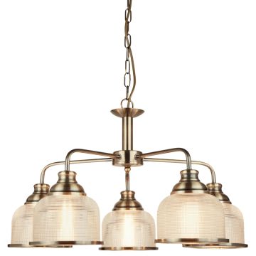 Image of Searchlight Bistro II 5 Pendant Antique Brass with Holophane Style Glass 1685-5AB