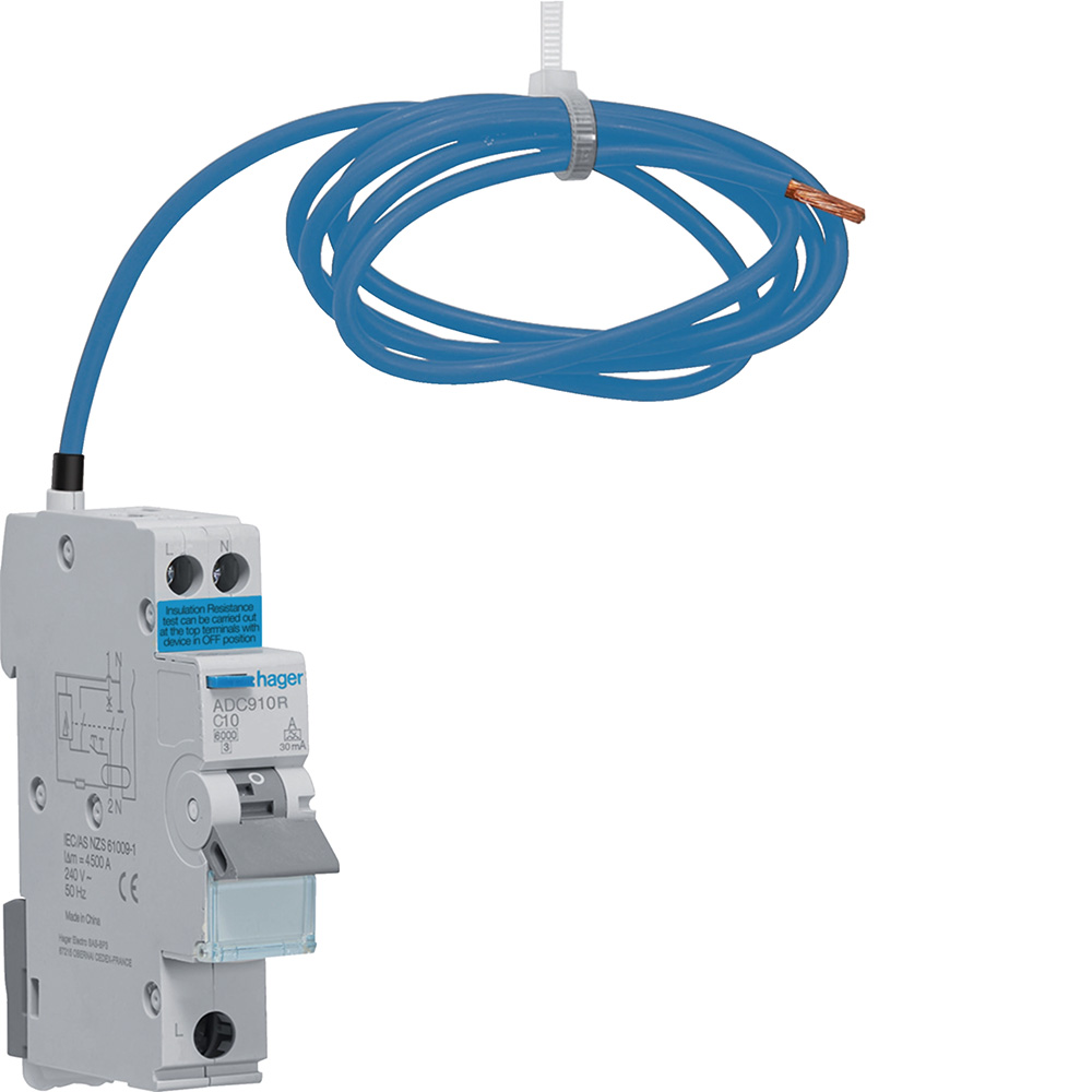 Image for Hager RCBO 10A C Curve Type A Single Pole 6kA ADC910R