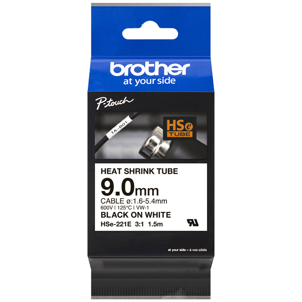 Image for Brother Heat Shrink Tube Tape Cassette Black on White 9mm HSE-221E