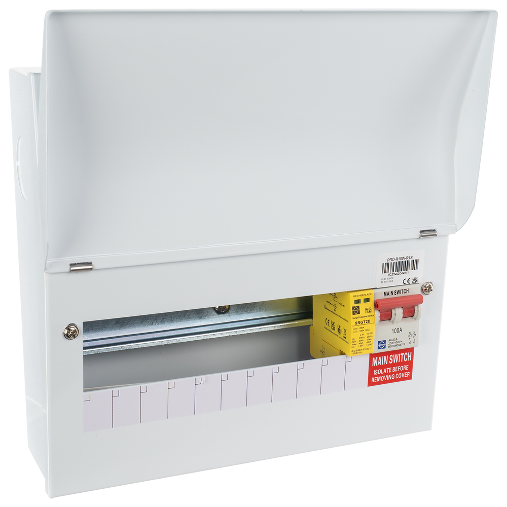 Image for Lewden 10 Way RCBO Consumer Unit with SPD and Main Switch PRO-R10W-R1S