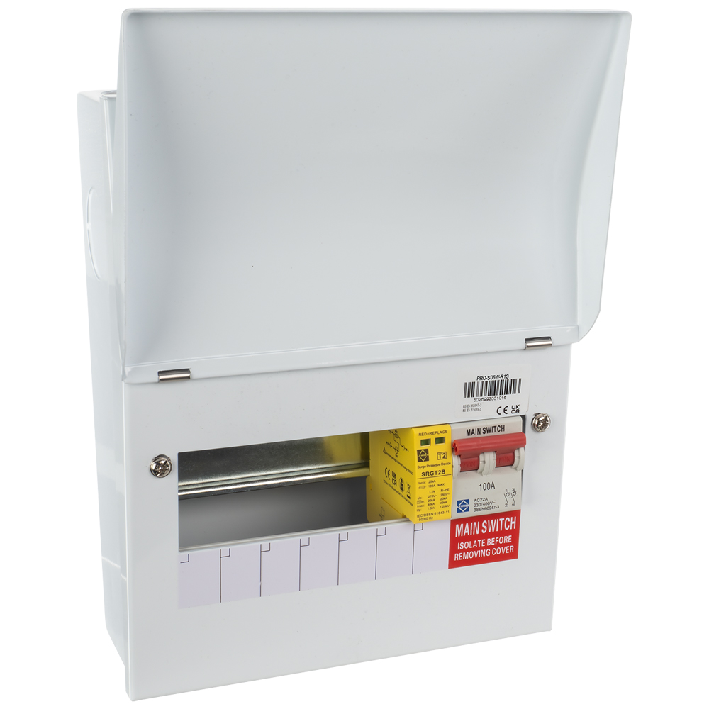 Image for Lewden 6 Way RCBO Consumer Unit with SPD and Main Switch Trunking KO