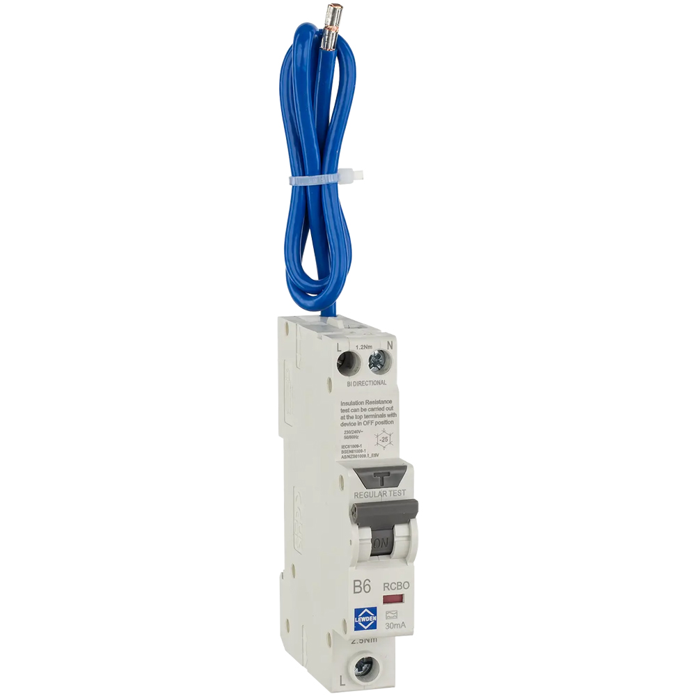 Image for Lewden RCBO 6A Type B Double Pole 6kA RCBO-B06/30/1PNA
