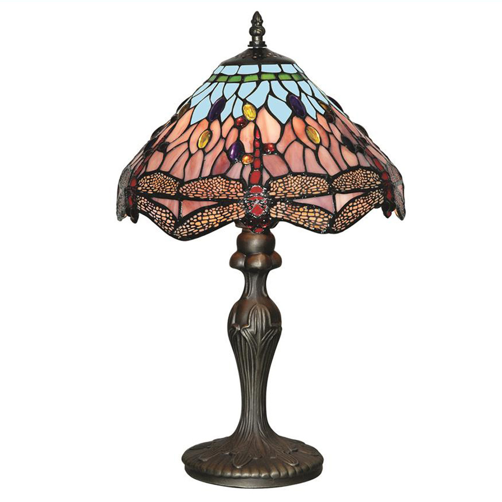 Image for Searchlight Dragonfly Table Lamp Antique Brass with Stained Glass