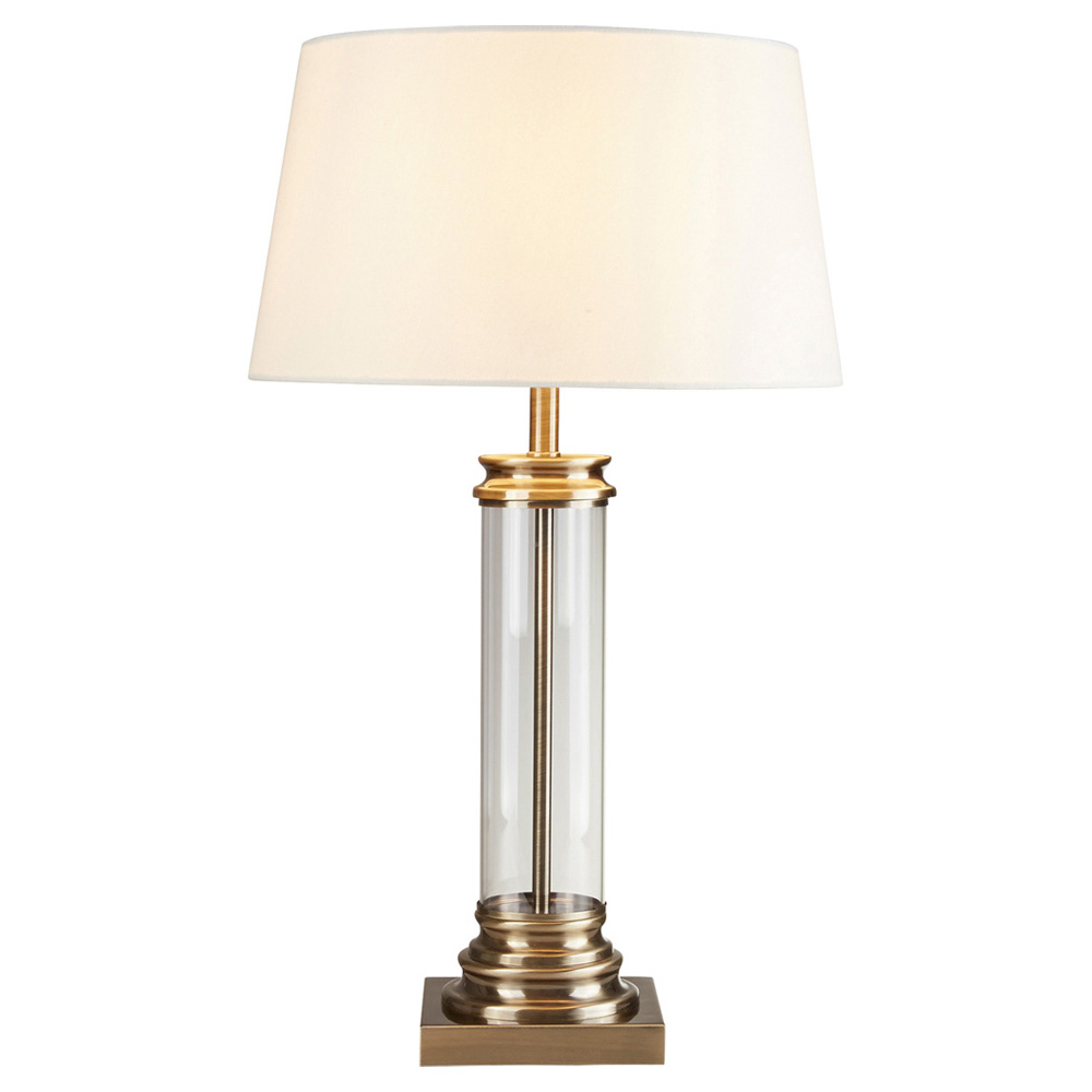 Image for Searchlight Pedestal Table Lamp Antique Brass Glass with Cream Fabric