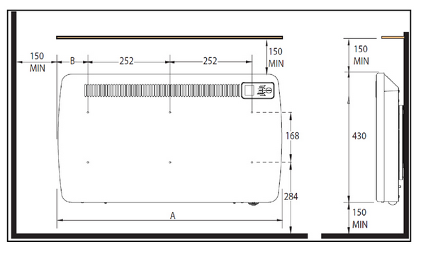 Image of Dimplex LST panel heater fitting instructions and dimensions